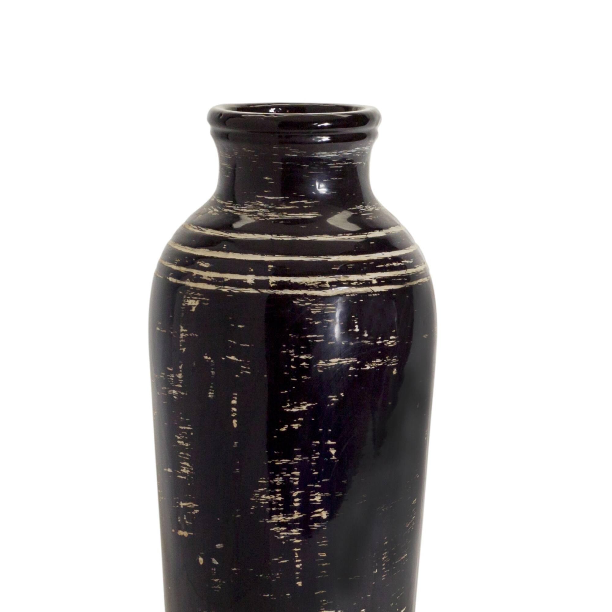 17.5" Distressed Black & Ivory Ceramic Vase